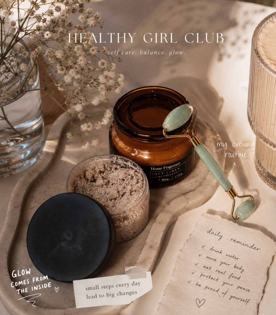 Ästhetische Beauty-Routine für den Abend vom Healthy Girl Club mit Jade-Roller, Kerze und täglichen Erinnerungen für Selbstfürsorge