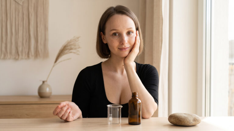 Ruhige Clean-Beauty-Szene: sanfte Pflege für sensible Haut mit Pipettenfläschchen und Becherglas